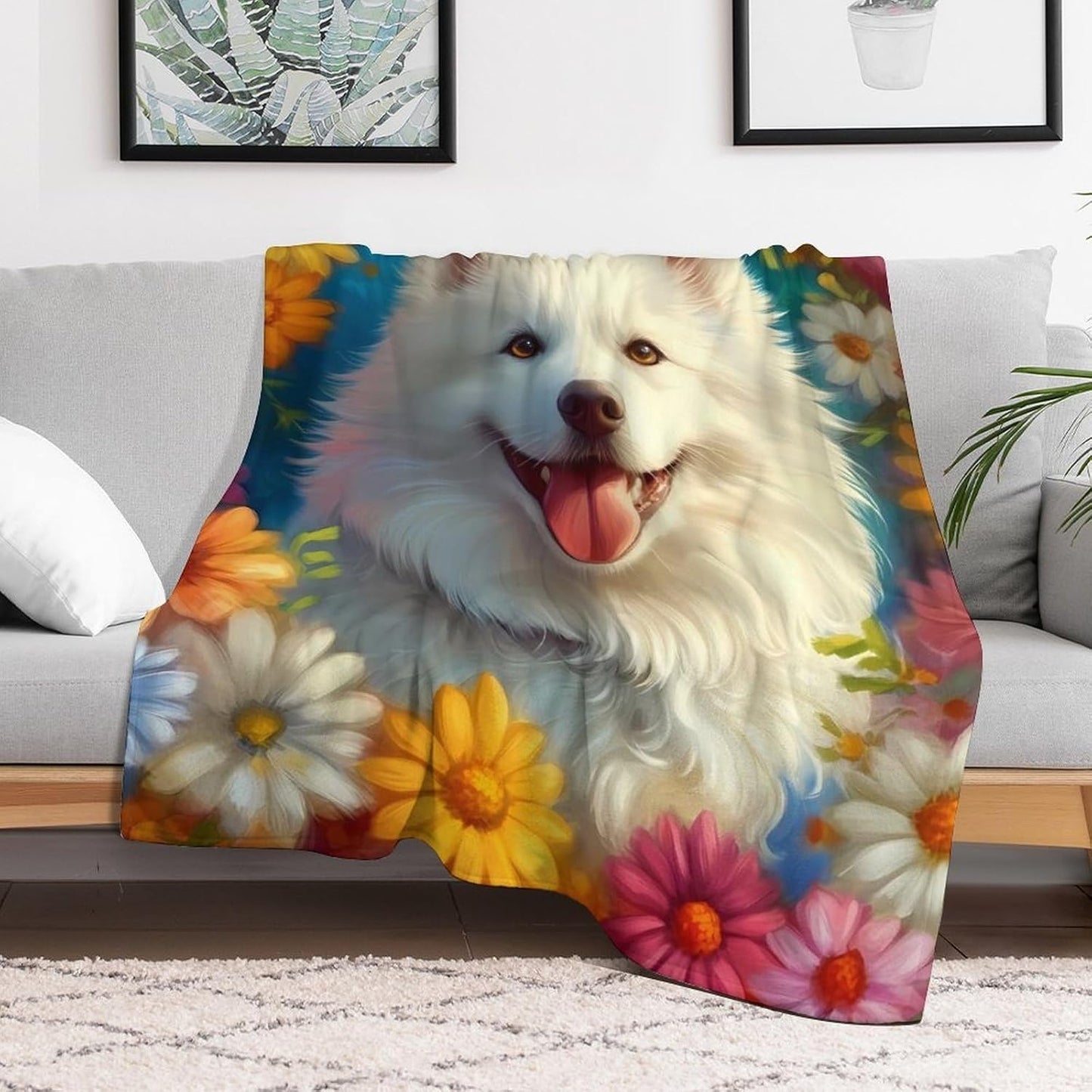 Cute Samoyed Throw Blanket for Couch Bed Plush Cozy Fuzzy Flannel Blanket for All Season 66"x90"