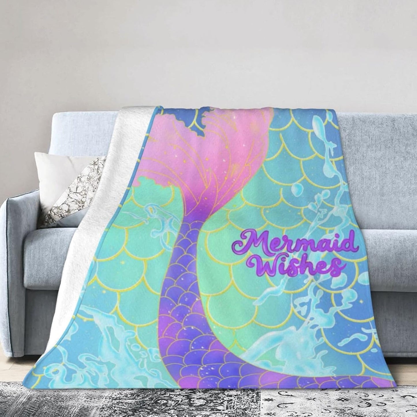 Mermaid Blanket, Cute Mermaid Tail Scales Fuzzy Soft Cozy Warm Mermaid Throw Blanket for Girls Kid, Fleece Blankets Couch Sofa Bedroom Nursery Bed Throws Blankets 50x 60inch