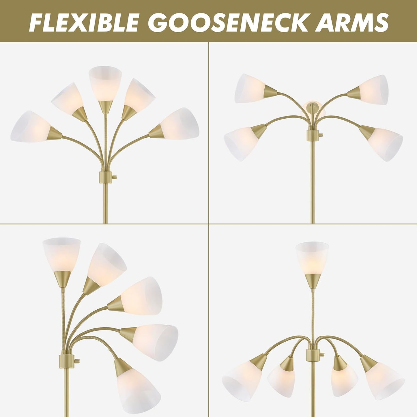Medusa Modern Decor Floor Lamp, Multi Head Adjustable Gooseneck Bright Light Lamps for Reading, White Shades Tall Standing Tree Floor Lamps for Living Room Bedroom Office Kids Classroom, Gold