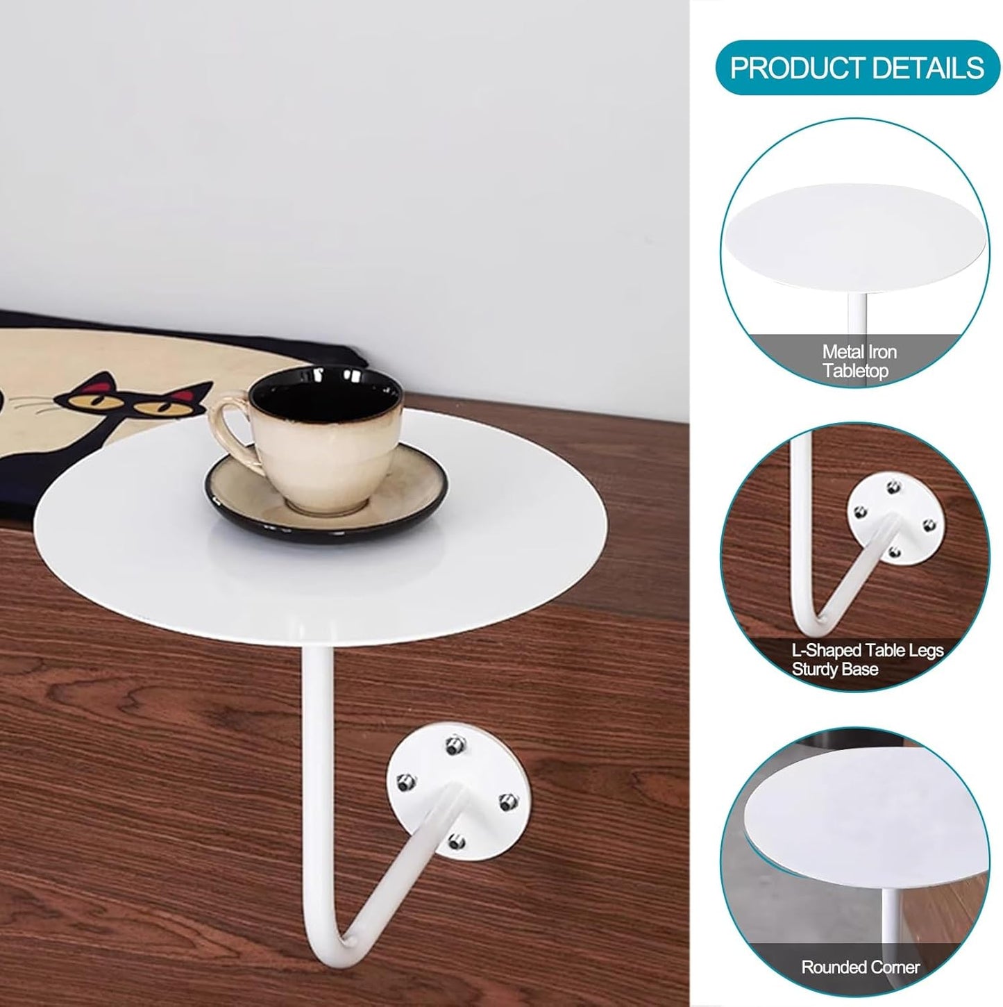 Round Pub Bar Table,Round Bar Table Wall Mounted L-Shape Bracket White Metal Iron Dining Table, Coffee Cocktail Drink Table, Indoor Sofa Side/End Table - Save Space Bistro Table for Kitchen