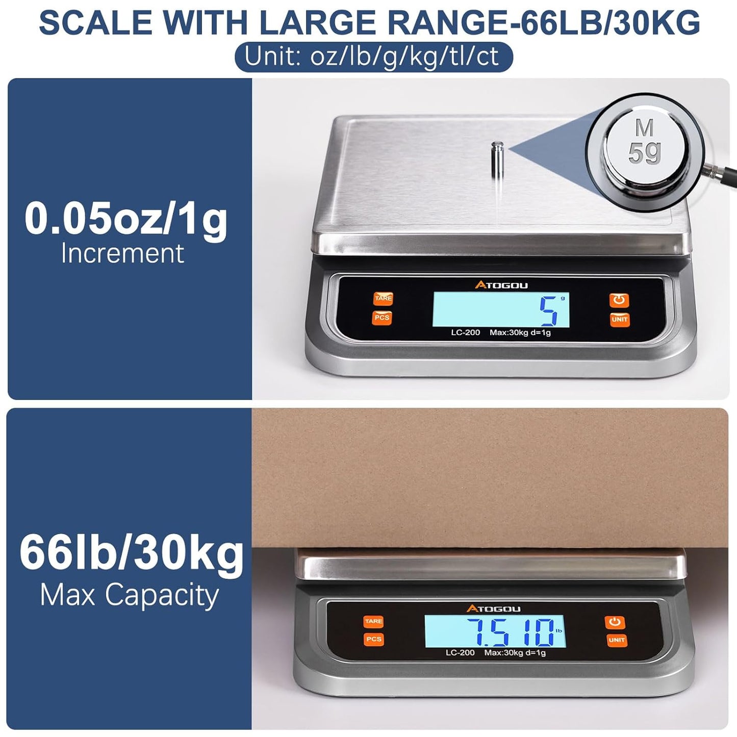 Atogou 66lb Food Scale, Commercial Kitchen Scale Plug-in Usable with Full View LCD Display, Stainless Steel, for Baking, Bread, Cooking, Meat, Vegetables, Farm, Industry LC200 Grey