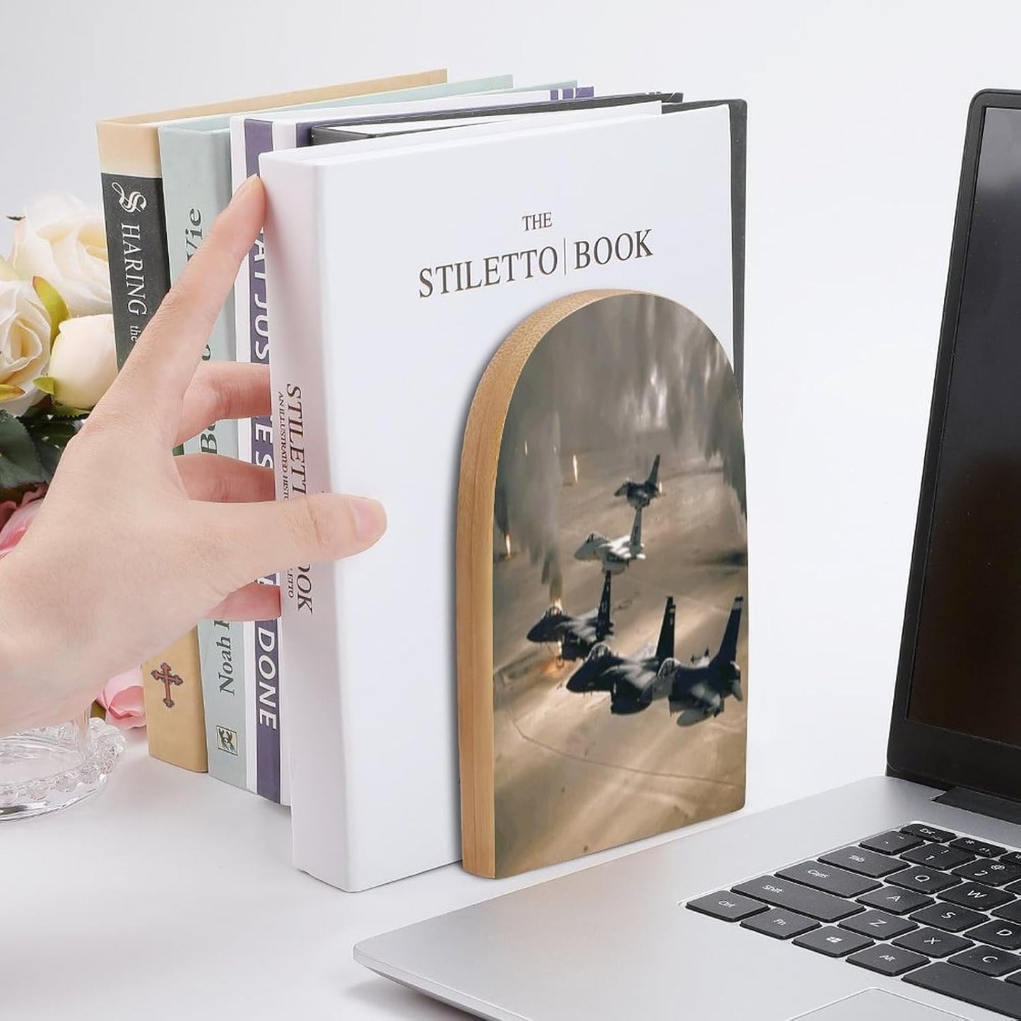 Jet Fighter Wooden Bookend Non-Slip Book Ends Heavy Duty Book Stopper with Metal Base Books Holderd Decorative Bookends Stands Firmly for Office Supplies