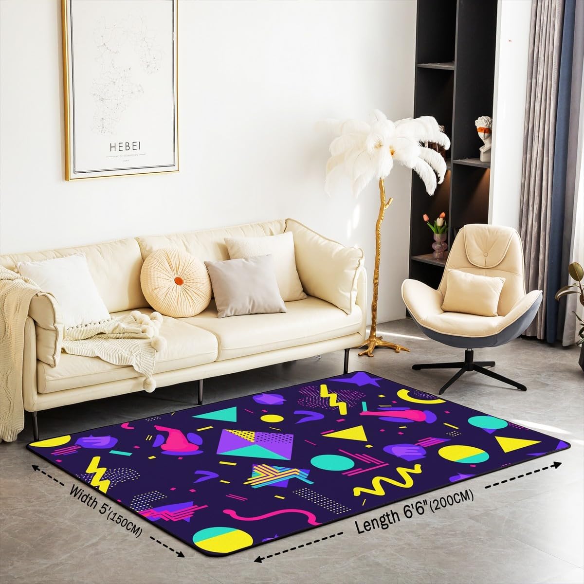 Memphis Area Rug 5x7 Hipster Retro Rug 80s 90s Hip Hop Funky Carpet for Bedside Colorful Pop Art Inspired Watercolor Eighties Memphis Geometrical 80s Non Shedding Decorative Rug