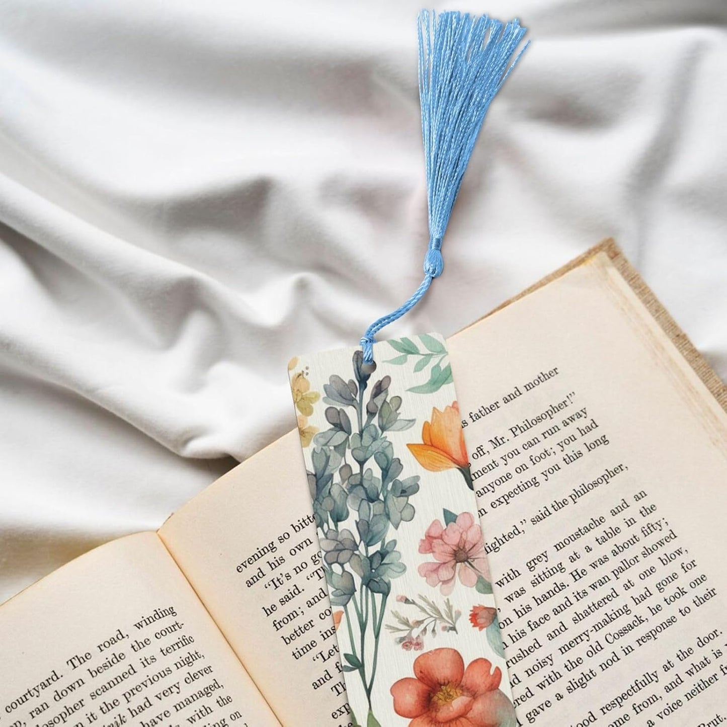 Flower Branches and Leaves Bookmarks Gifts for Women Men, Wooden Bookmarks for Book Lovers, Vintage Book Marks Ornaments with Tassel, Unique Personalized Reading Page Markers Sky Blue