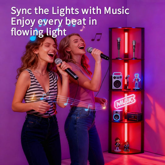 RGBCW Floor Lamp with Shelves, LED Smart Modern Floor Lamp with Music Sync, Color Changing Corner Display Shelf Lamp, Standing Lamp with Shelves for Living Room and Bedroom, Office, Black