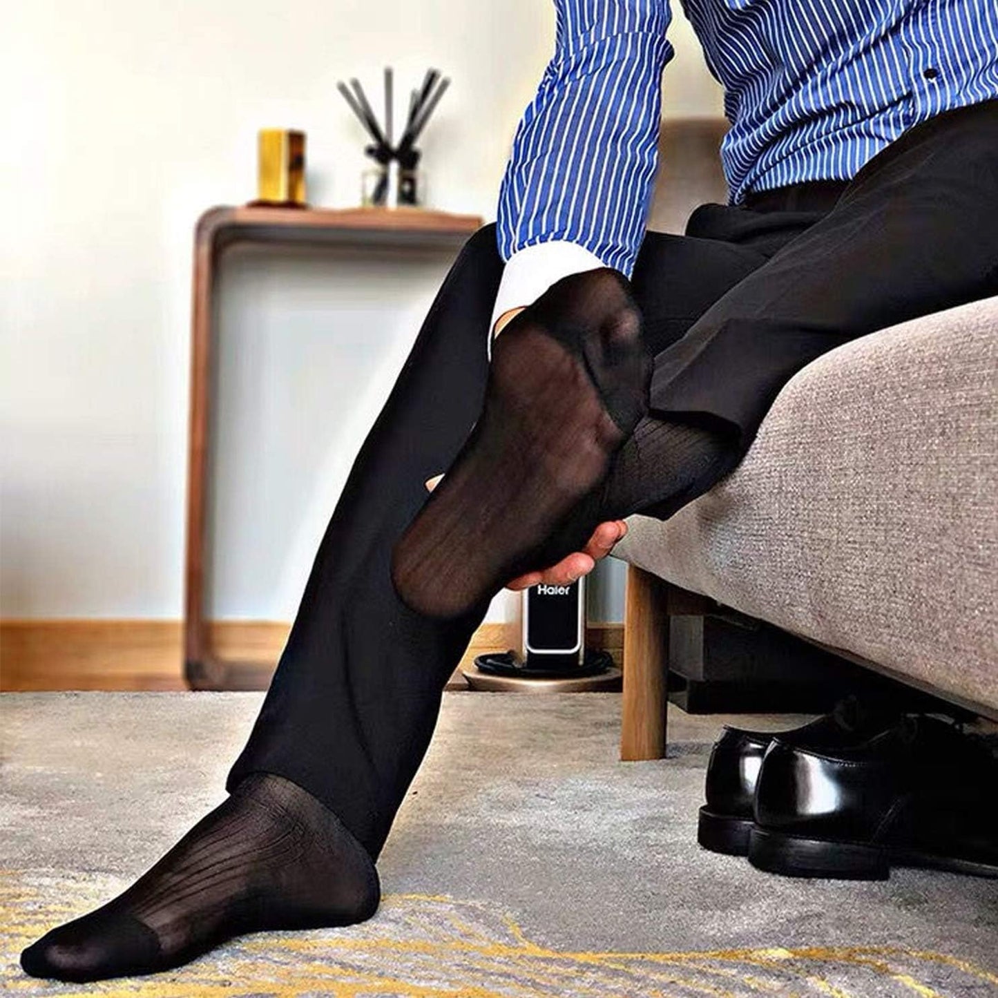 Uaussi 10 Pairs Mens Ultra Thin Dress Socks Silk Sheer Business Socks Soft Nylon Work Trouser Sox Mid Calf