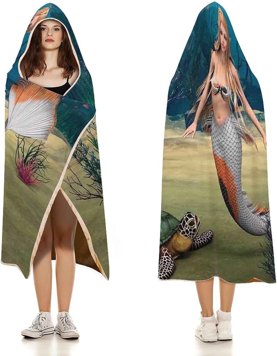Throw Blankets, Ocean Women Men Hooded Blanket, Digital Render of Cute Girl Turtle Fantasy, Soft Warm Cozy, 40 x 50inches, Studying Reading Snuggling Napping Office, Multicolor