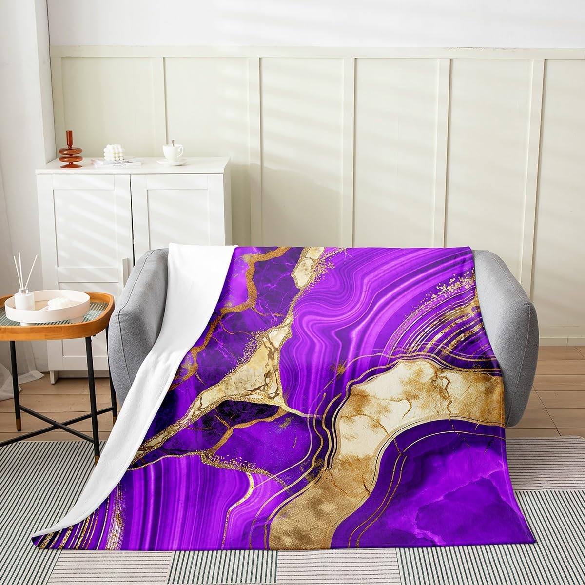 Erosebridal Purple Marble Blanket Twin 60x80 Inch, Gold Marbling Crack Throw Blanket, Dark Abstract Metallic Texture Living Room Decor Fleece Blanket, Geometric Boho Hippie Fluid Fuzzy Blanket