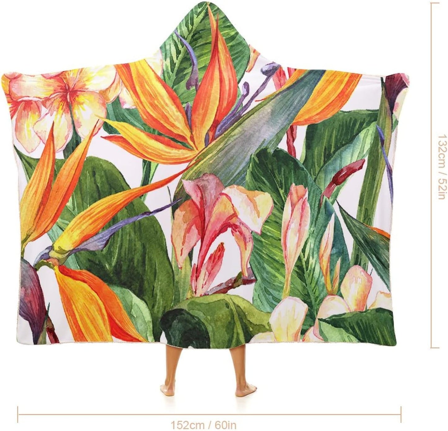 Throw Blankets, Tropical Women Men Hooded Blanket, Exotic Flowers Bird of Paradise, Soft Warm Cozy, 40 x 50inches, Studying Reading Snuggling Napping Office, Multicolor
