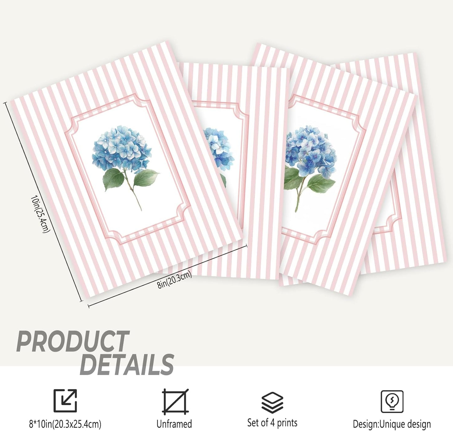 Foritho Pink Striped Blue Hydrangea Floral Wall Art Prints 8x10 Set of 4, Grandmillennial Blue Flower Botanical Wall Decor Pictures Posters for Girls Bedroom Home Living Room, Unframed