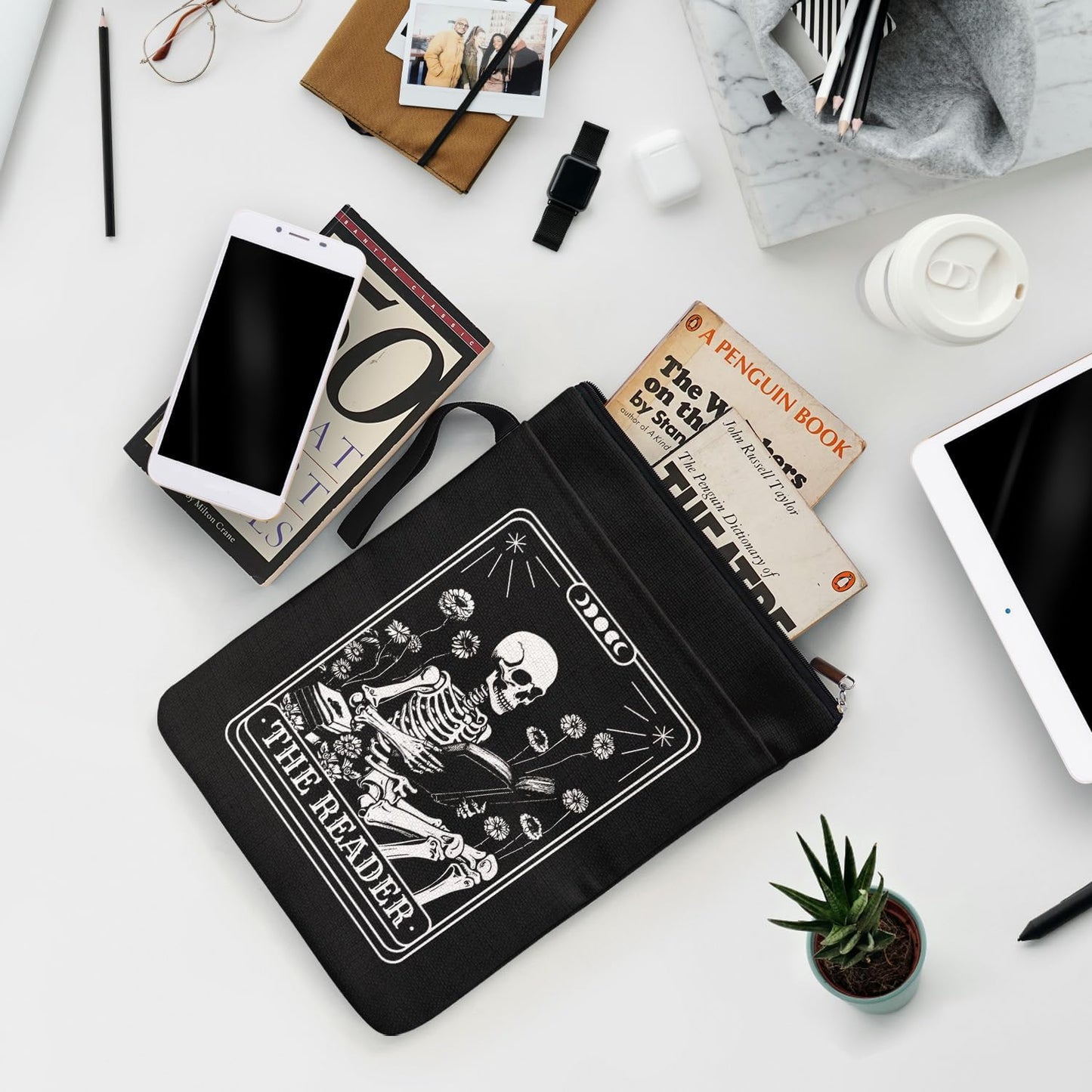 Dark Academia Gifts for Book Lovers - The Reader Skeleton & Floral Book Sleeve | Vintage Waterproof Cover for Poe/Lovecraft Fans (Library Approved)