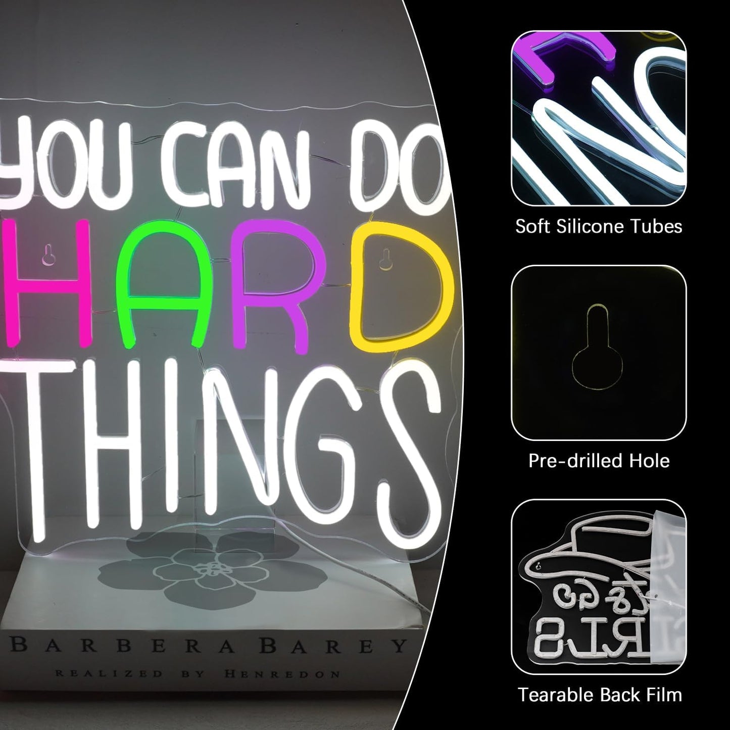 NEONLOVE You Can Do Hard Things Neon Sign Neon Signs for Wall Decor LED Lights Up Signs for Bedroom Bar Kids Room Library Club Party Positive Quotes Wall Art Sign USB White Neon Lights 12.9*12.5inch