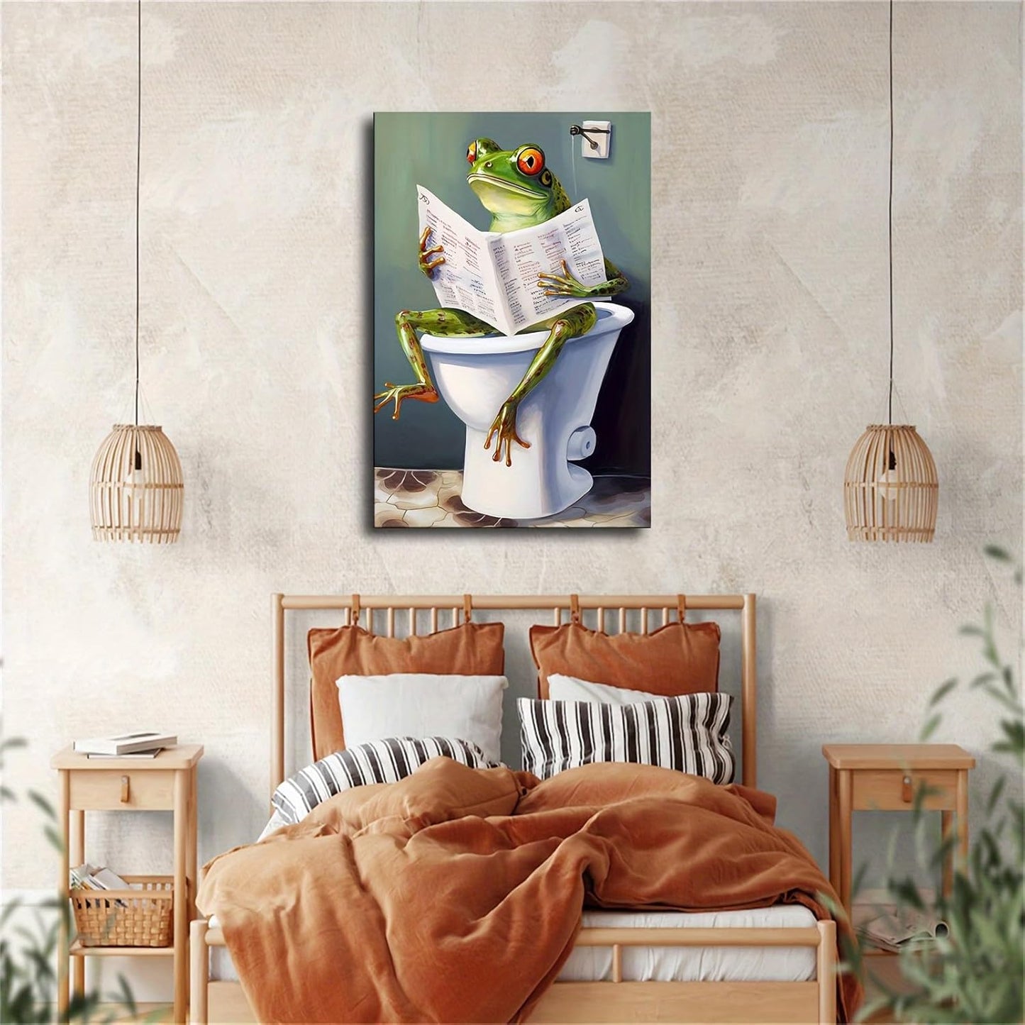 Funny Bathroom Hand Painted Happy Frog Reading Book Canvas Wall Prints poster Modern Home Aesthetic Decor Wall art for Bedroom Dorm (24x36inch Framed)