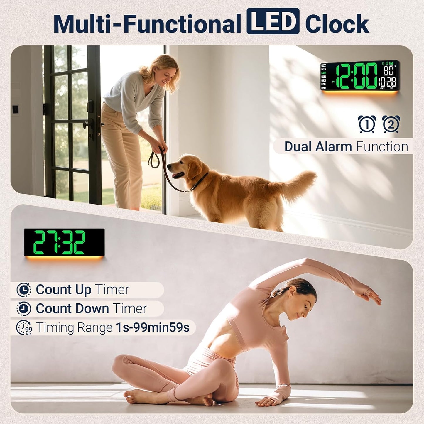 16.5" Large Digital Wall Clock with Remote Control, Auto-Dimming LED Display with Date Temp, Big Number Wall Mount Decor Clock for Seniors, Classroom, Dorm, Home, Office, Gym Green