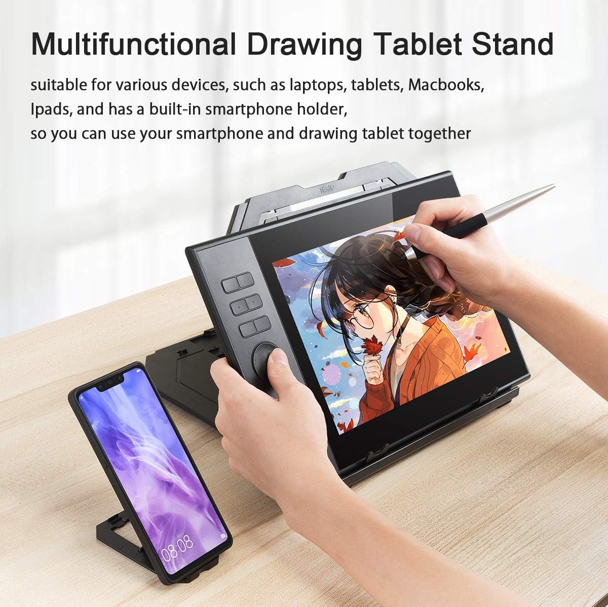 Drawing Tablet Stand, Laptop Foldable Stand for Drawing Monitor, 9 Levels Adjustable Angles with a Built-in Phone Holder, for 12-17 inch Drawing Tablet, MacBook, Laptop, iPad, Book, Phone