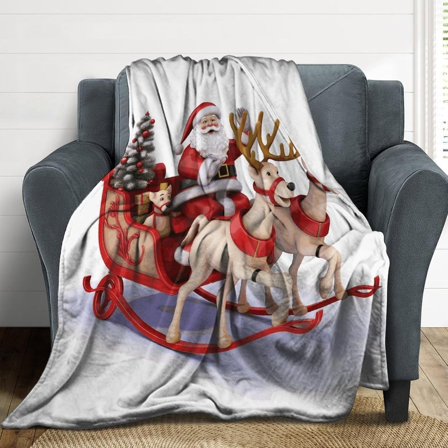 Santa Claus Reindeer Sled Blanket Super Soft Lightweight Throw Blanket Cute Cozy Warm Bed Blanket Decorative Fuzzy Blanket All-Season Home Decor Gift for Sofa Couch Living Room 60"*80"（150 * 200cm）