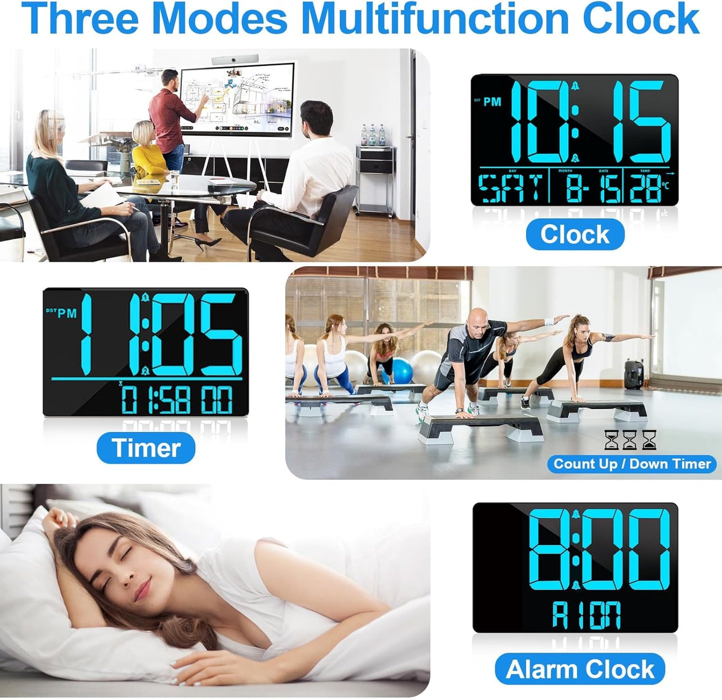 13" Digital Wall Clock Large Display with Remote, 25 Ringtones, Temperature, Calendar, 0-100% Auto or Custom Brightness, 12/24H, DST, Timer, for Living Room, Kitchen, Bedroom, Elderly（Blue）