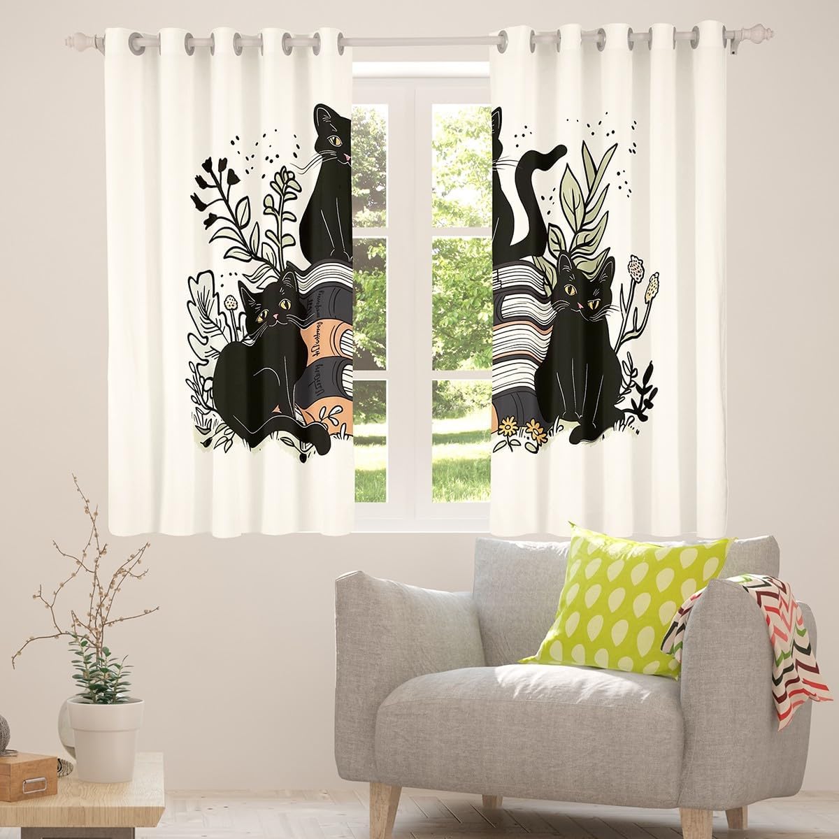 jejeloiu Black Cat Curtains for Bedroom Living Room Garden Floral Blackout Darkening Drapes Cute Kitten Window Treatments, 2 Panels 52 x 84 Inch Reading Book Room Decor