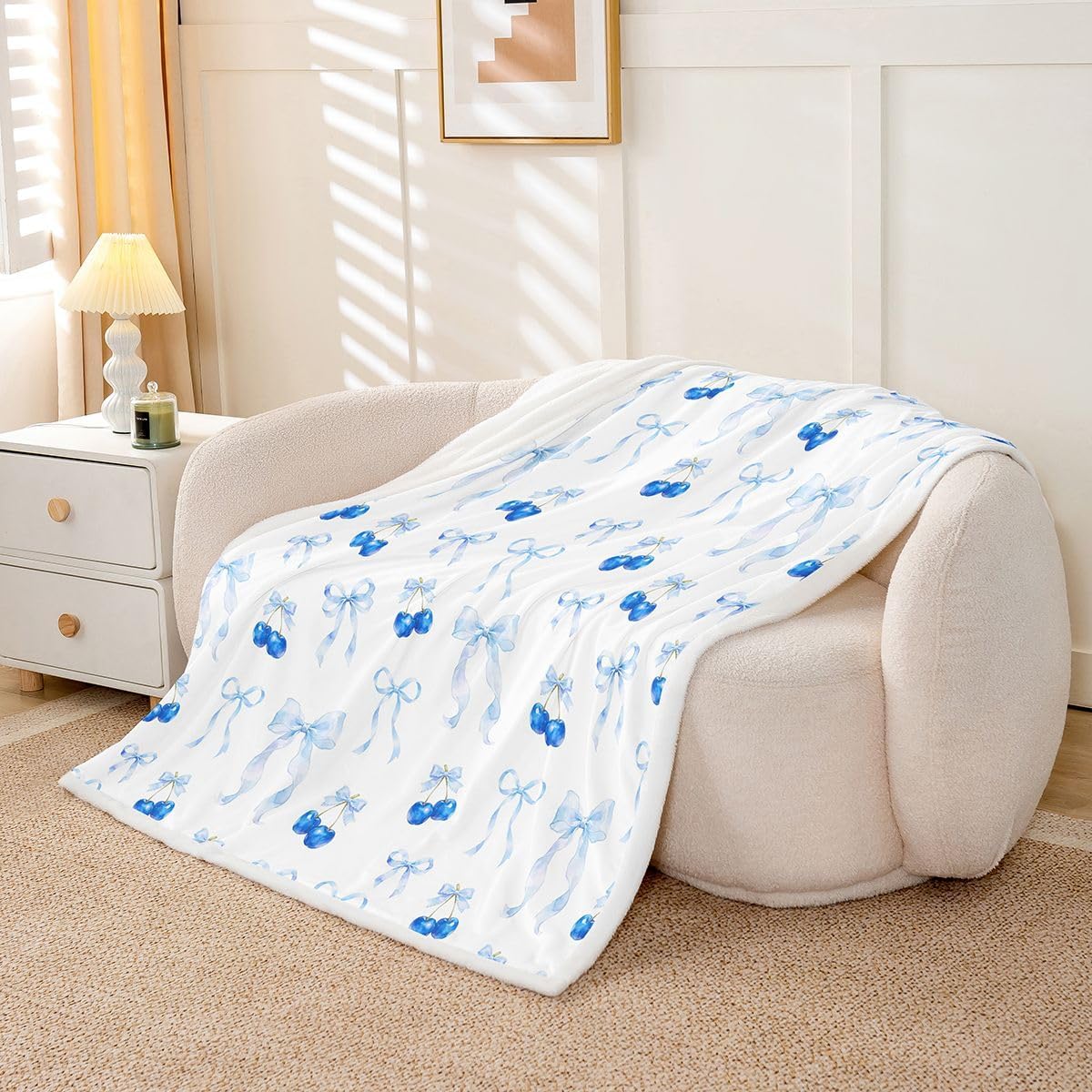 Feelyou Cute Bow Sherpa Throw Blanket for Couch Bowknot Super Soft Cozy Fleece Kawaii Cherry Blanket for Winter, Plush Throw Princess Bowknot Throw 50"x60" Blue All Season