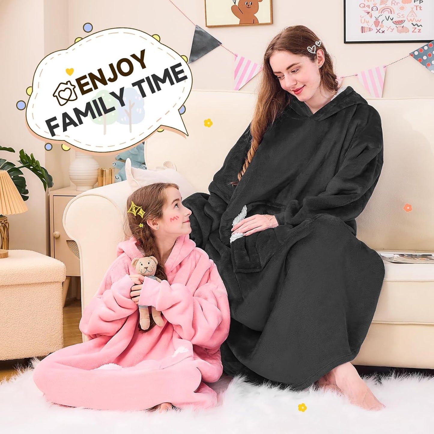 Wearable Blanket Hoodie for Kids & Teens 6-13 Year Old, Oversized Sherpa Fleece Sweatshirt with Pocket, Soft Cozy Hooded Blankets Christmas Birthday Gift for Boys and Girls, Black
