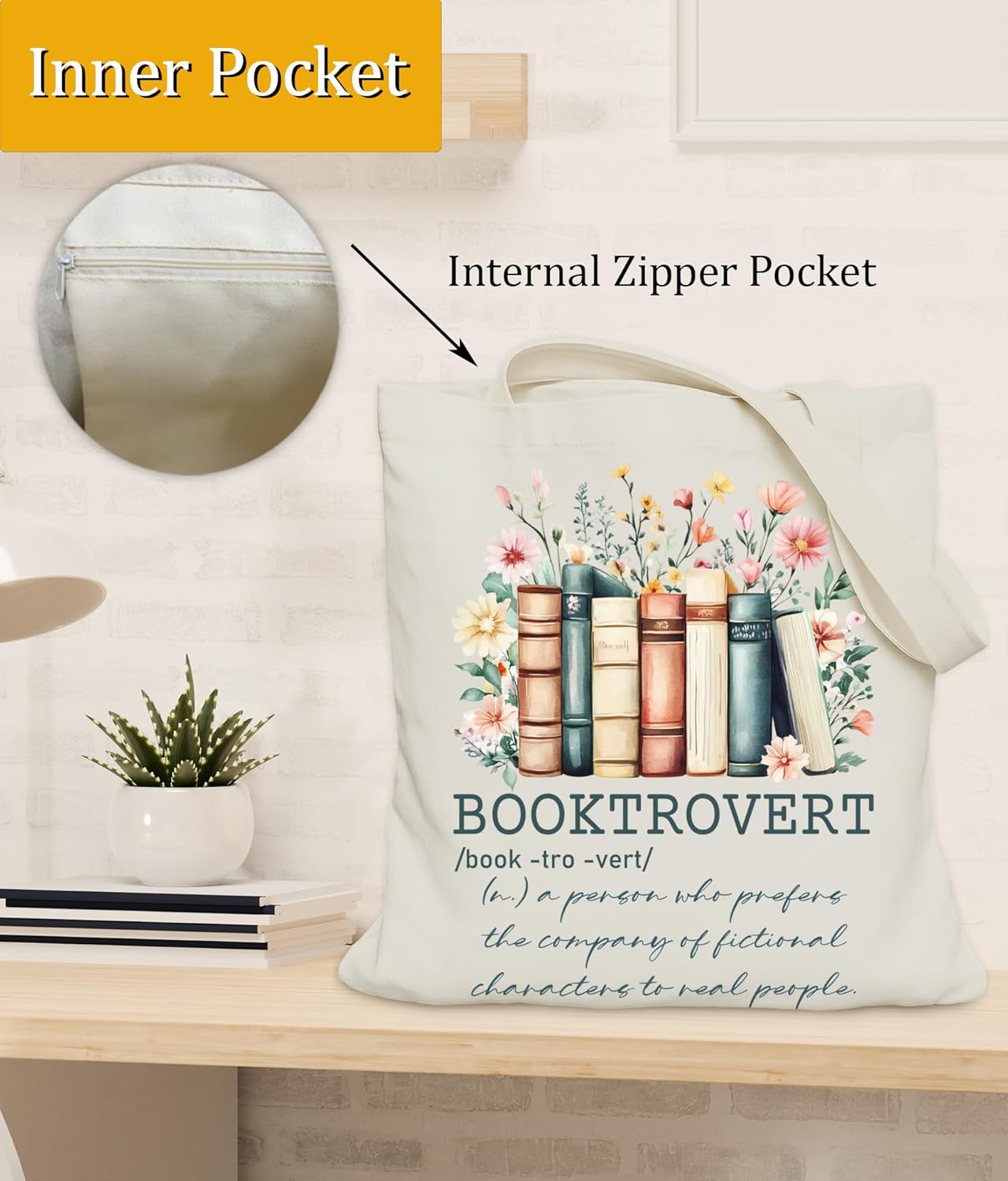 Book Lovers Gifts Tote Bag for Bookish Readers, Aesthetic Book Tote Bag for Librarian, Medium Size with Inner Pocket
