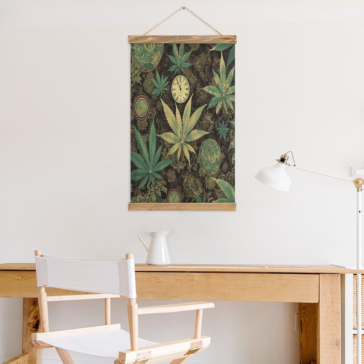 Vintage A Puff in Time Weed Marijuana Poster with Wooden Frame Personalized Linen Hanging Scroll Painting Rustic Wall Hanging Illustrative Modern Artwork Decor for Home Living Room Bedroom Office