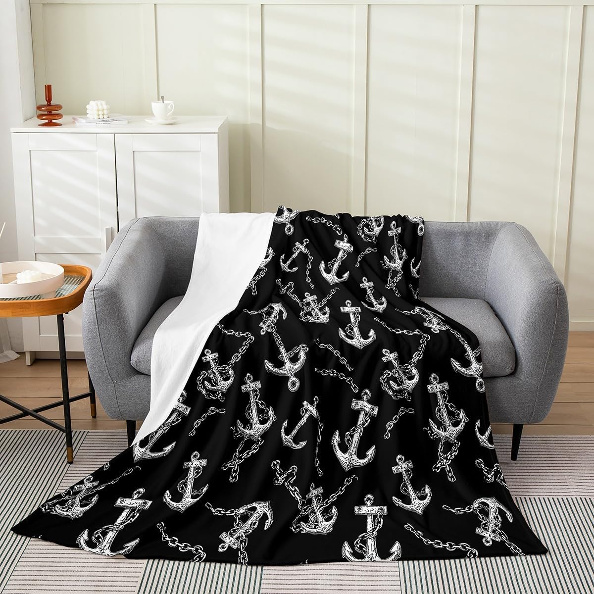 Feelyou Anchor Decor Fleece Throw Blanket for Bed Sofa Couch,Kids Nautical Flannel Fuzzy Blanket,All Season Ocean Themed Black White Bed Blanket Room Decor Plush Blanket Throw 50"x60"