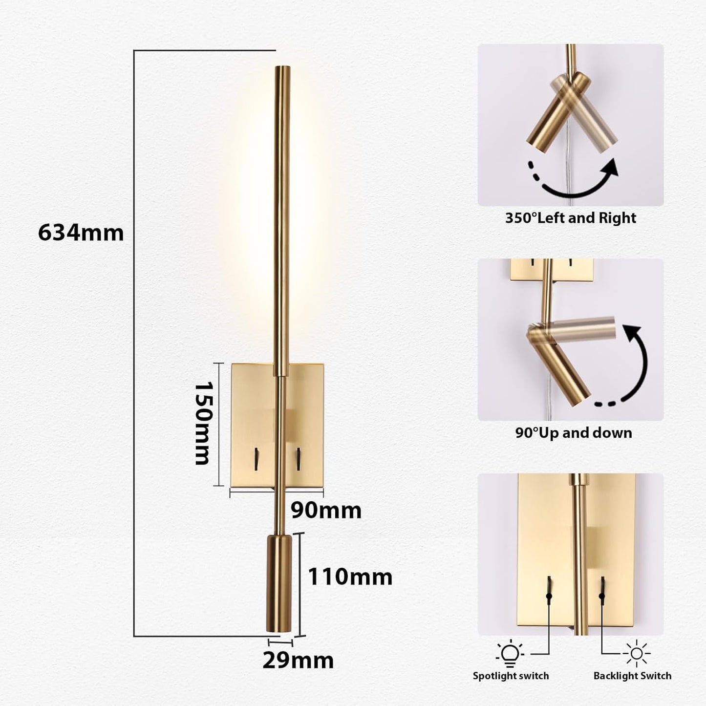 Modern Plug in Wall Sconce Indoor Ambient Lighting for Bedroom, Gold LED Wall Mounted Reading Lamp with Switch, Corded Minimalist Linear Wall Light with 5.9FT Clear Cord for Living Room Corner Hallway