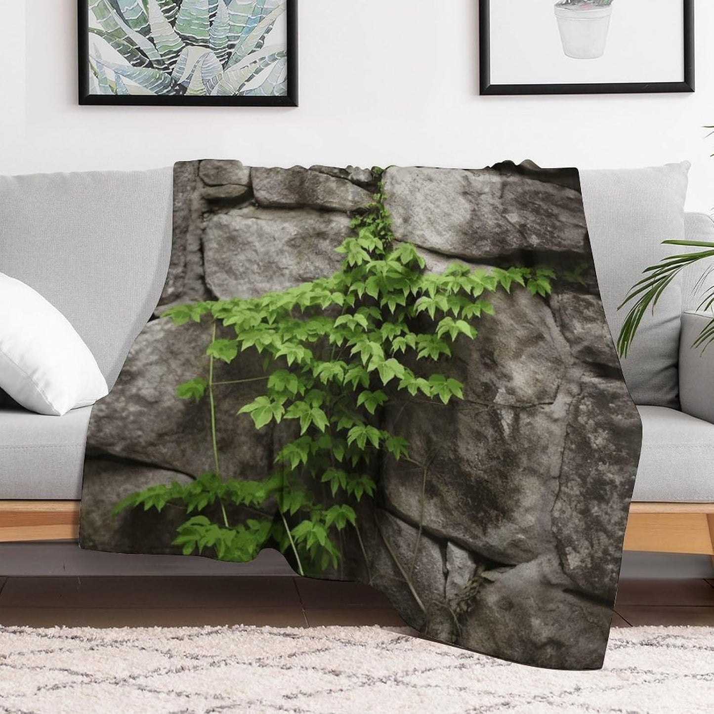 Plant on Stone Wall Blanket Super Soft Lightweight Throw Blanket Cute Cozy Warm Bed Blanket Decorative Fuzzy Blanket All-Season Home Decor Gift for Sofa Couch Living Room 60"*80"（150 * 200cm）