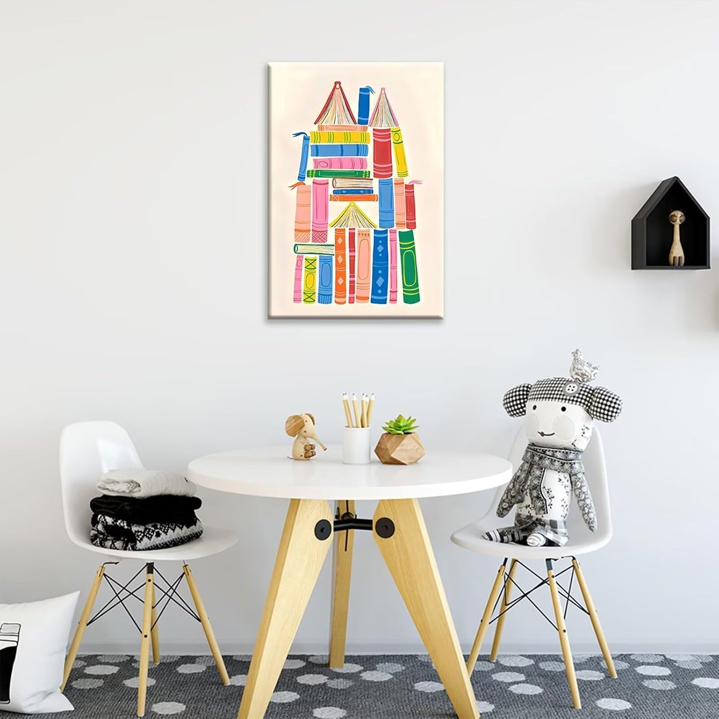 Colorful Books Castle Wall Art Modern Cozy Nursery Reading Canvas Prints Vintage Playful Poster Painting Whimsical Literary Aesthetic Picture Decor for Living Room Bedroom 12x16inch Unframed