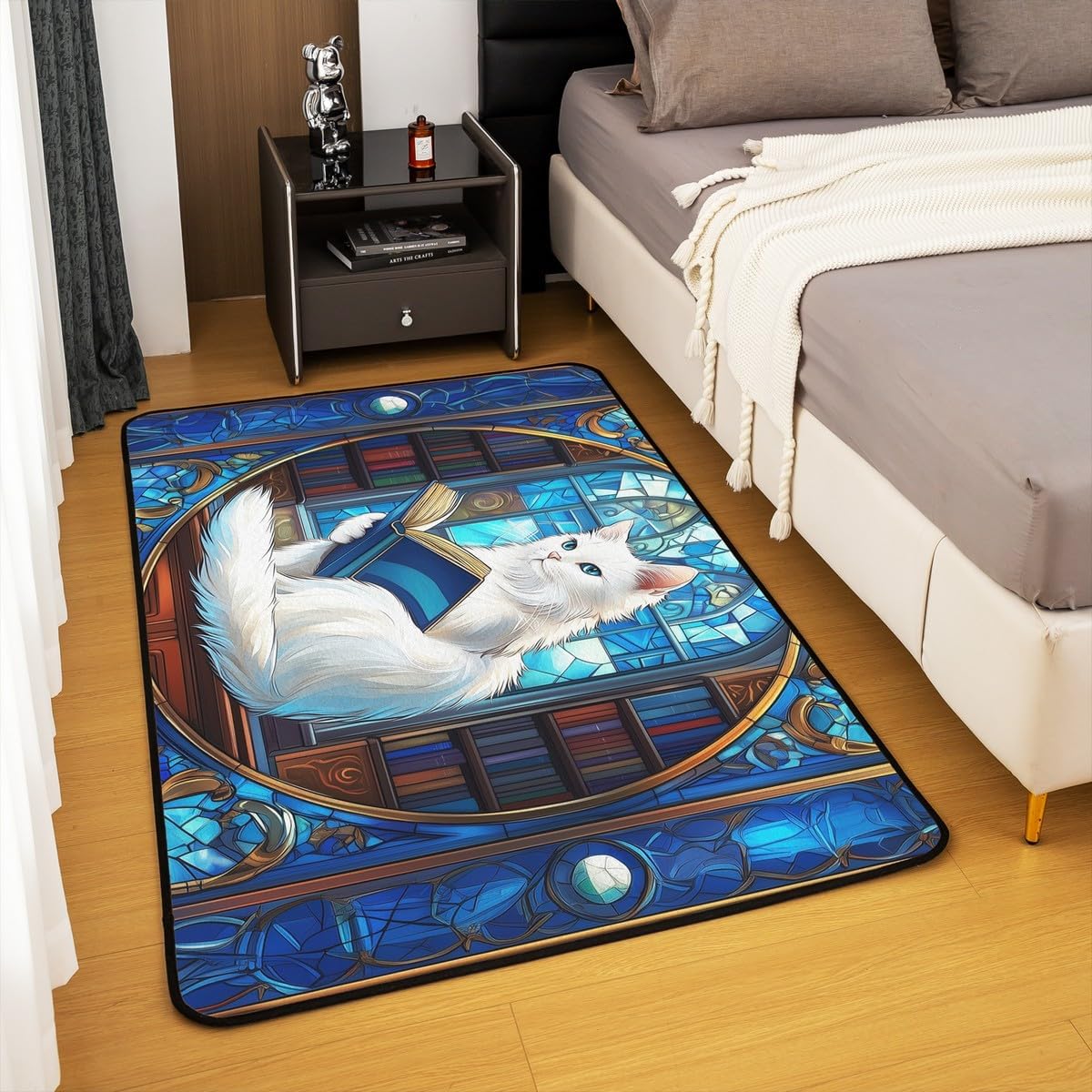 Noble Ragdoll Cat Kids Area Rug,Cat Reading Book Bookshelf Indoor Floor Mat Entrance Rug for Boys Girls,Geometric Patchwork Abstract Non Slip Rug,Blue Cute Couch Living Room Decor,3'x5'