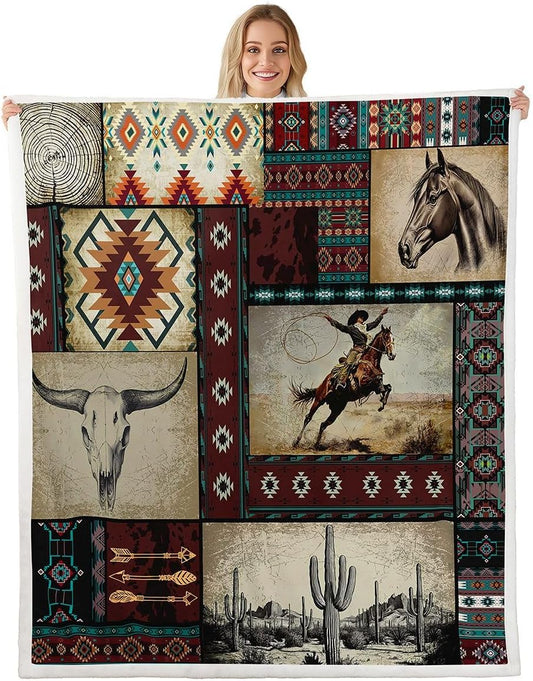 Feelyou Western Cowboy Throw Blanket Rustic Southwestern Plaid Soft Fleece Sherpa Cozy Fuzzy Plush Warm Wild West Fuzzy Plush Throw Throw 50"x60" for Bed Couch Living Room
