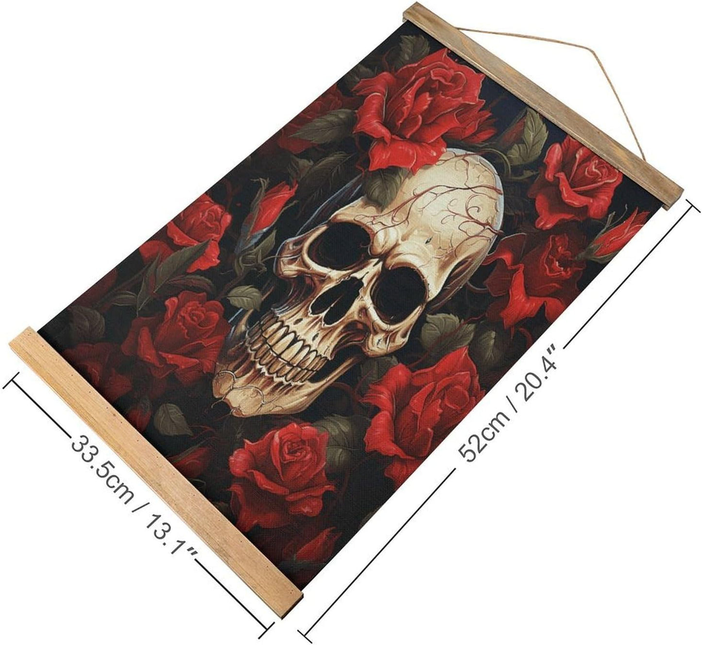 Vintage Skull Rose-Red Poster with Wooden Frame Personalized Linen Hanging Scroll Painting Rustic Wall Hanging Illustrative Modern Artwork Decor for Home Living Room Bedroom Office