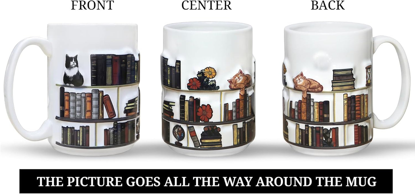 Full-Wrap Embossed 3D Book Mugs For Book Lovers Gifts For Readers Women 3D Bookshelf Mug 15Oz - A Library Shelf Cup, Cat Mugs For Cat Lovers Women And Men, Love Cats Mug Gift For Writers And Authors