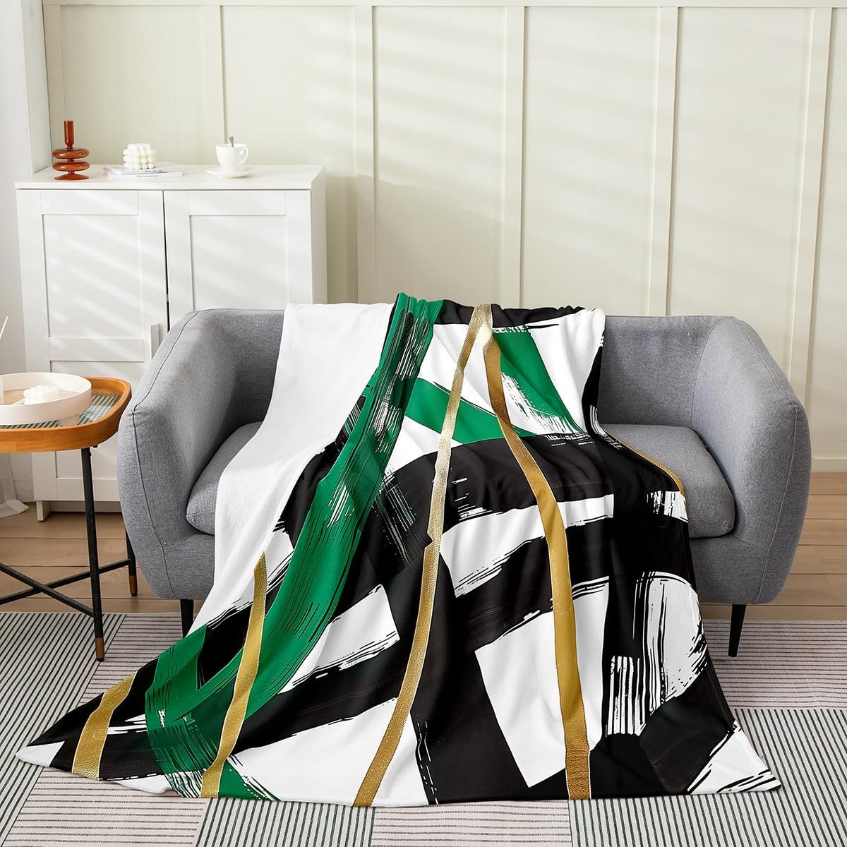Green Black Gold Flannel Blanket Geometric Aesthetic Simple Throw Blanket Abstract Modern Line Cozy Throws for Bed Couch Sofa,Kids Boys Girls Room Decor,Soft and Breathable(50 x 60 Inches)