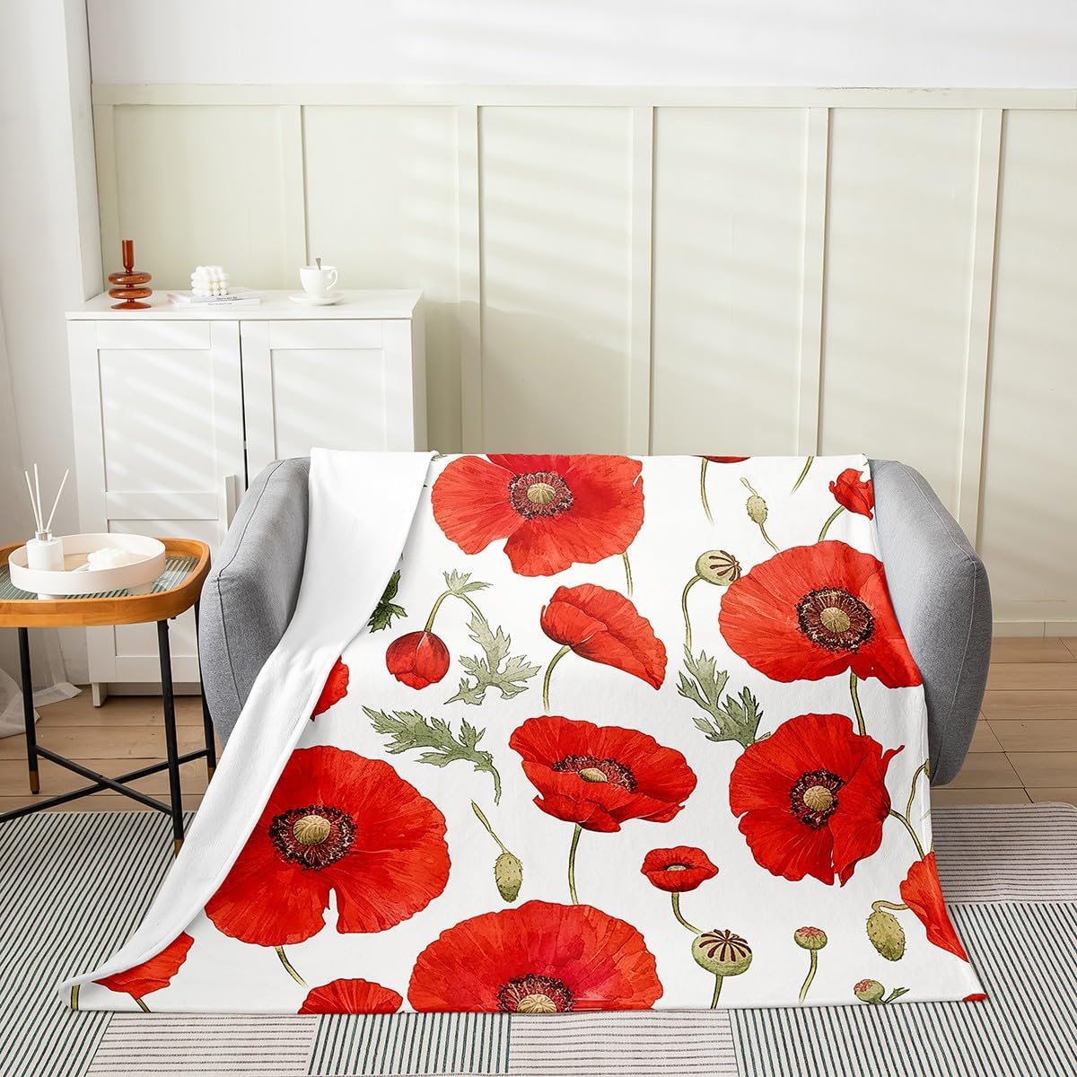 Feelyou Red Poppy Fuzzy Blanket Throw 50"x60" Floral Flower Blossom Printed Flannel Fleece Throw Blanket for Kids Boys Girls Decor Botanical All Season Bed Blanket Spring Garden Plush Blanket