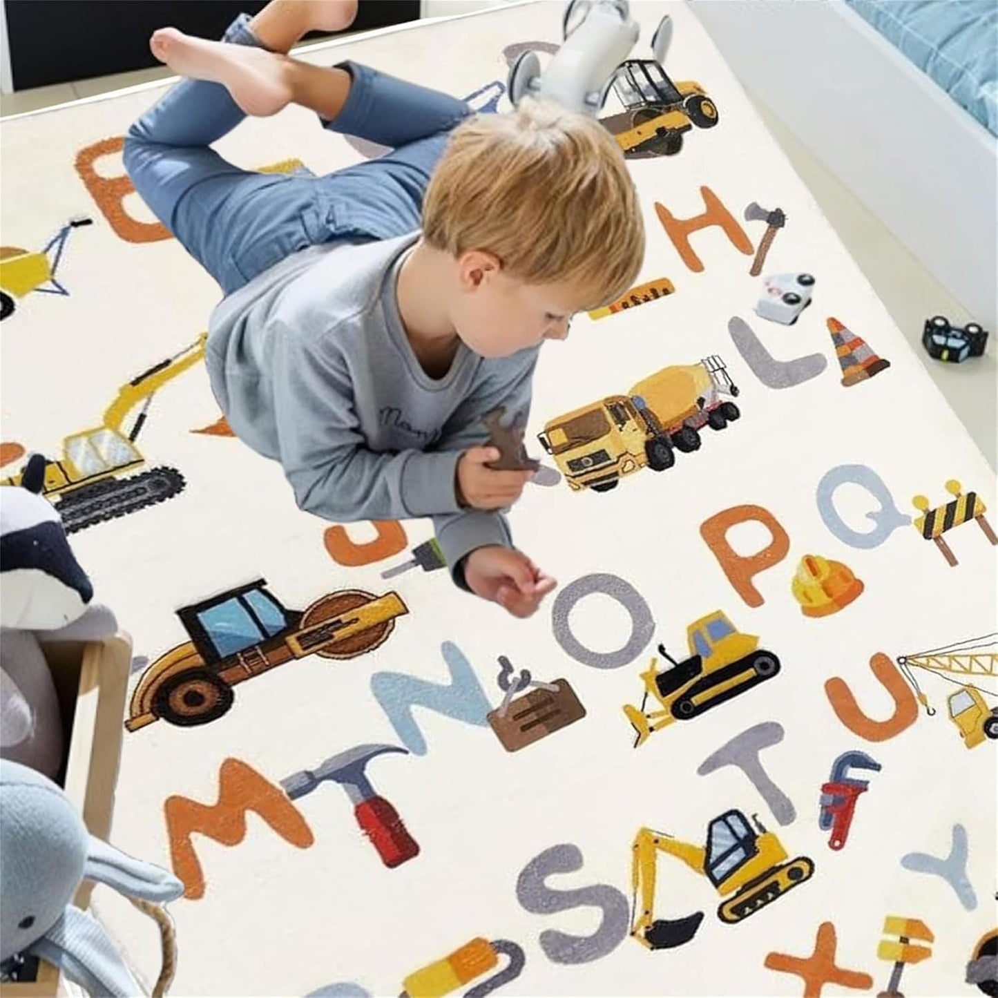 Kids Rug, Alphabet and Truck Carpet for Playroom 5x7 ABC Rugs for Boys Girls, Children's Educational Play Mat, Digger Play Rug for Bedroom, Non-Slip Area Rugs for Nursery