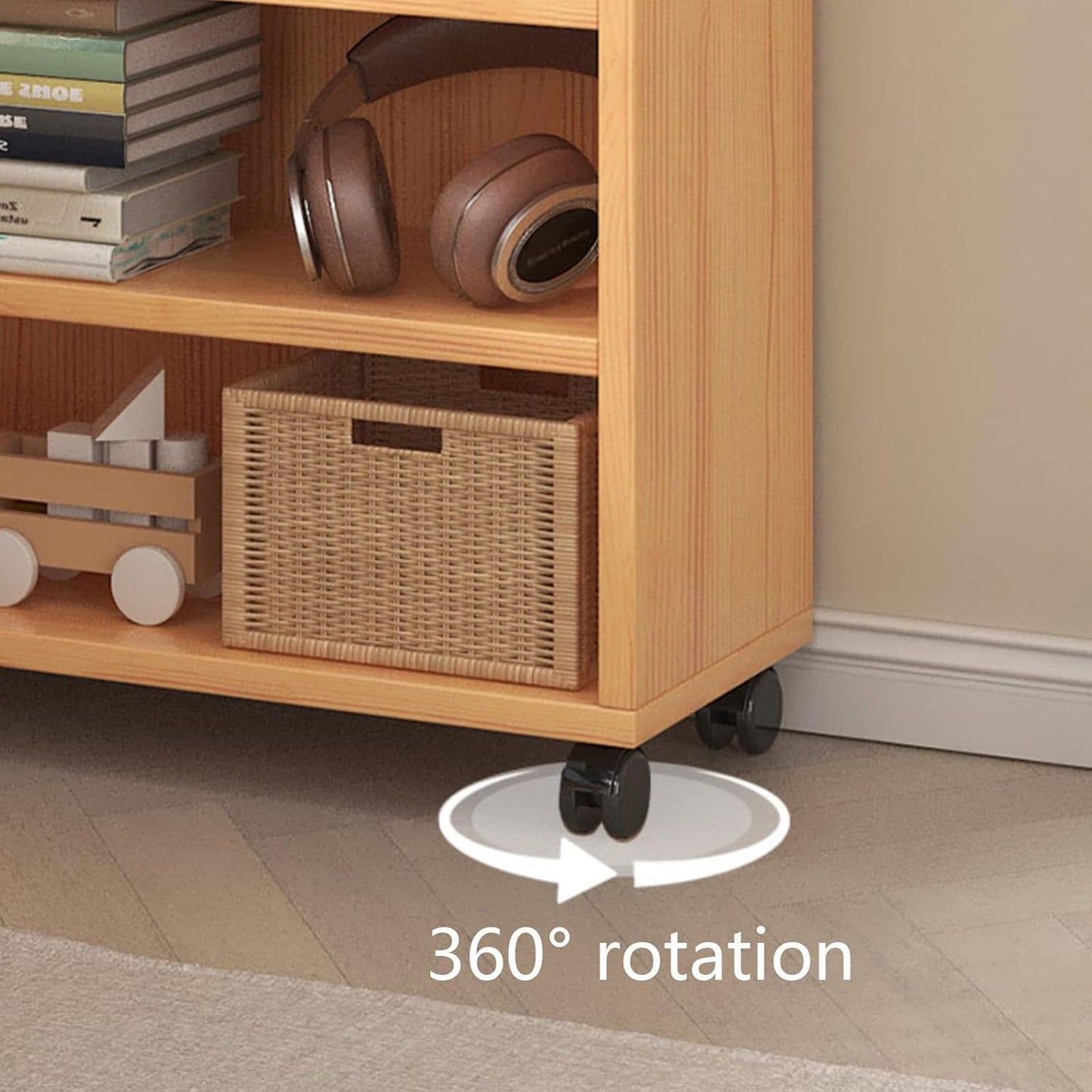 Book Shelf, Wooden Creative Bookcase Tall Bookshelf Shelf Open Display Shelves Book Storage Organizer for Living Room Floor Standing Office Bookshelf Movable 360° Rotation Children Bookcase