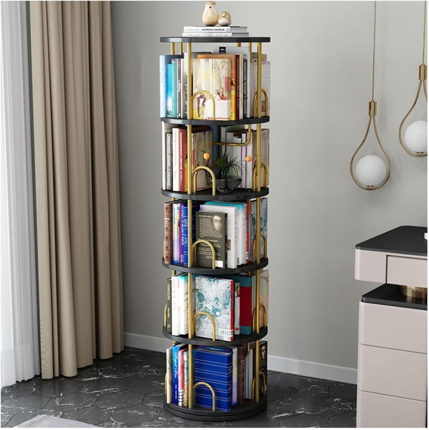 360° Rotating Bookshelf - 5-Tier Bookcase & CD Storage Rack, Stylish Book Shelf Organizer for Library, Bedroom, Living Room, Office & Bookstore (Gold)