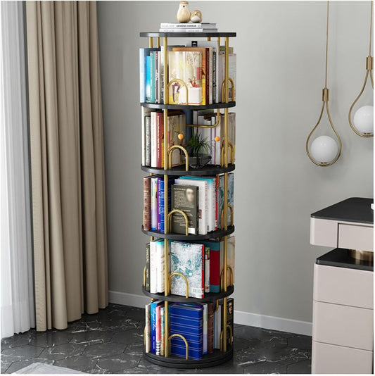 360° Rotating Bookshelf - 5-Tier Bookcase & CD Storage Rack, Stylish Book Shelf Organizer for Library, Bedroom, Living Room, Office & Bookstore (Gold)