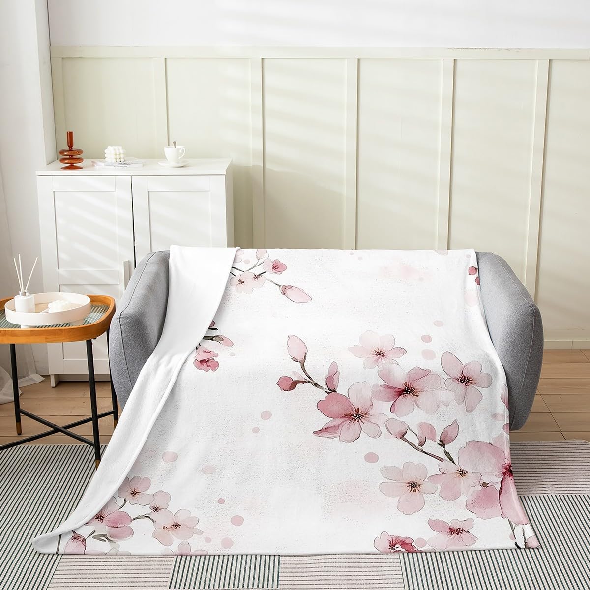 Erosebridal Cherry Blossoms Throw Blanket 40x50 Inch for Bedroom Living Rooms Sofa Couch,Japanese Floral Fleece Blanket,Oil Painting Watercolor Flannel Blankets