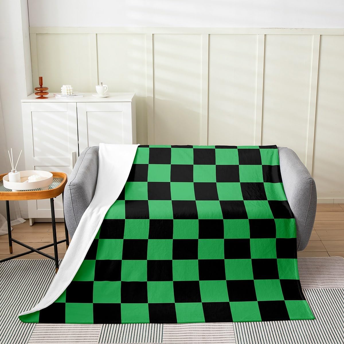 Checkered Teen Women Men Green Black Plaid Flannel Fleece Blanket Queen 90"x90" Cute Retro Neutral Checkerboard Geometric Plush Throw Blanket Aesthetic Room Decor,All Season for Bed Sofa Couch
