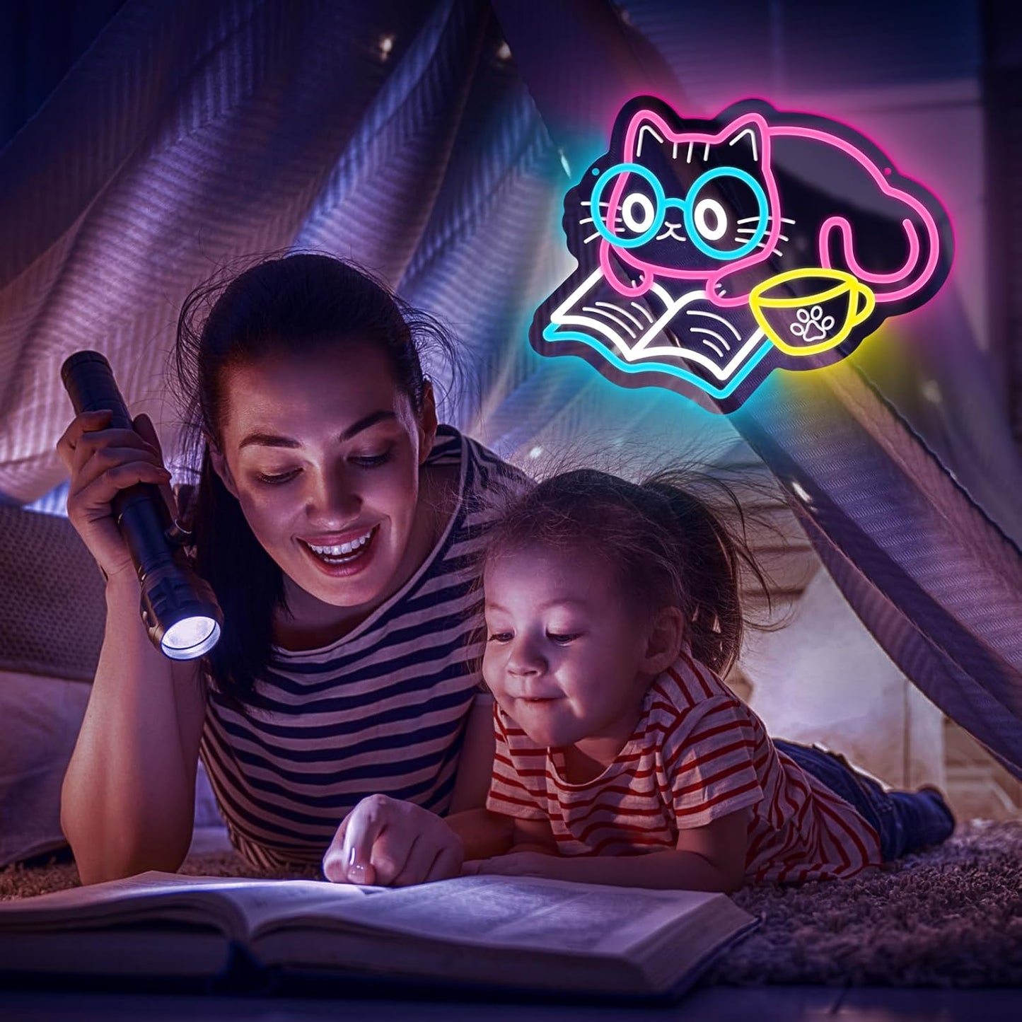 Cat Reading Book Neon Sign, Adorable Cat Neon Light for Bookstore Library Classroom Bedroom Wall Decor, USB Dimmable LED Sign Party Birthday Gift for Girls Students Book Lovers