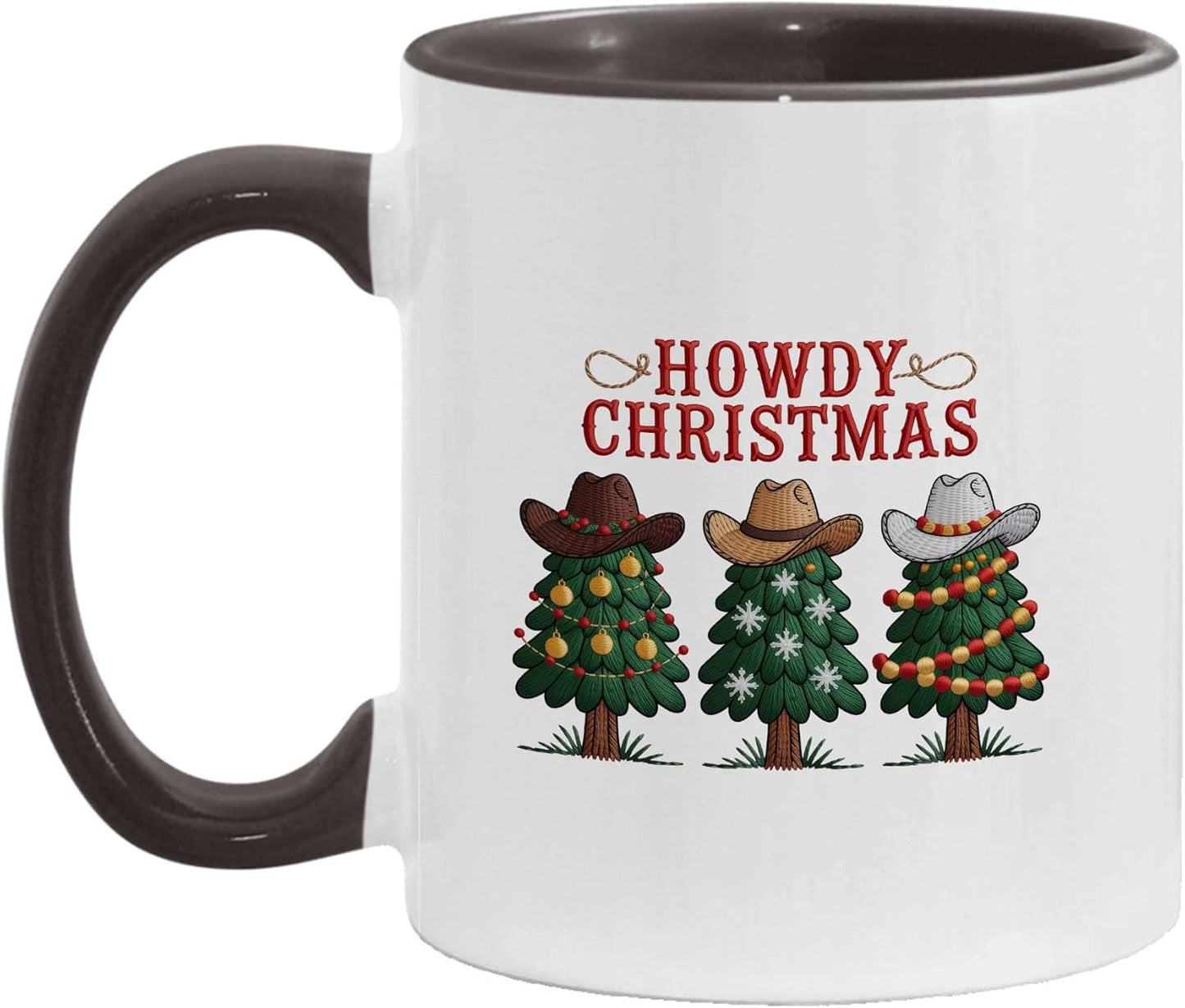 Howdy Christmas Tree Wearing Cowboy Hat Funny Two-Tone Accent Mugs, 11oz 15oz Drinking Cups, Kitchen Décor, Gifts For Book Lovers