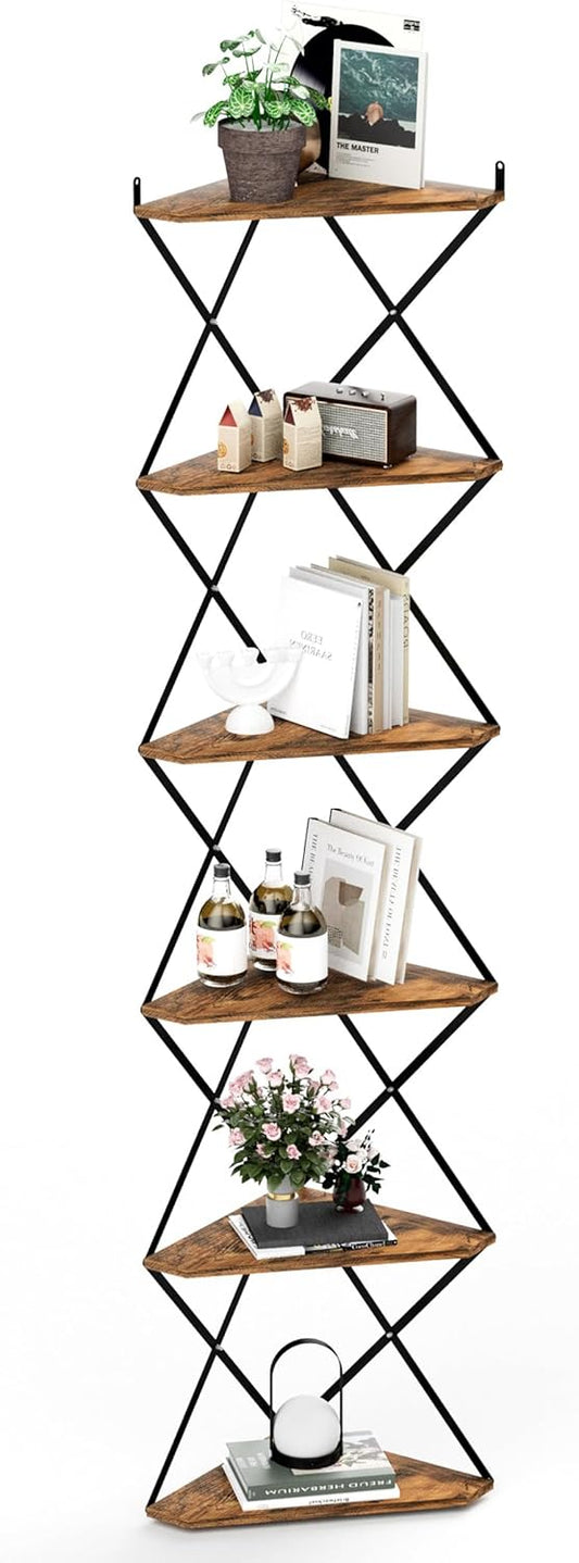 6 Tier Wall Mounted Corner Shelf Stand, Industrial Corner Bookshelf with X Metal Frame, Tall Standing Shelf Organizer, Bookcase, Plant Stand for Living Room, Bedroom Rustic Brown CS-006RB