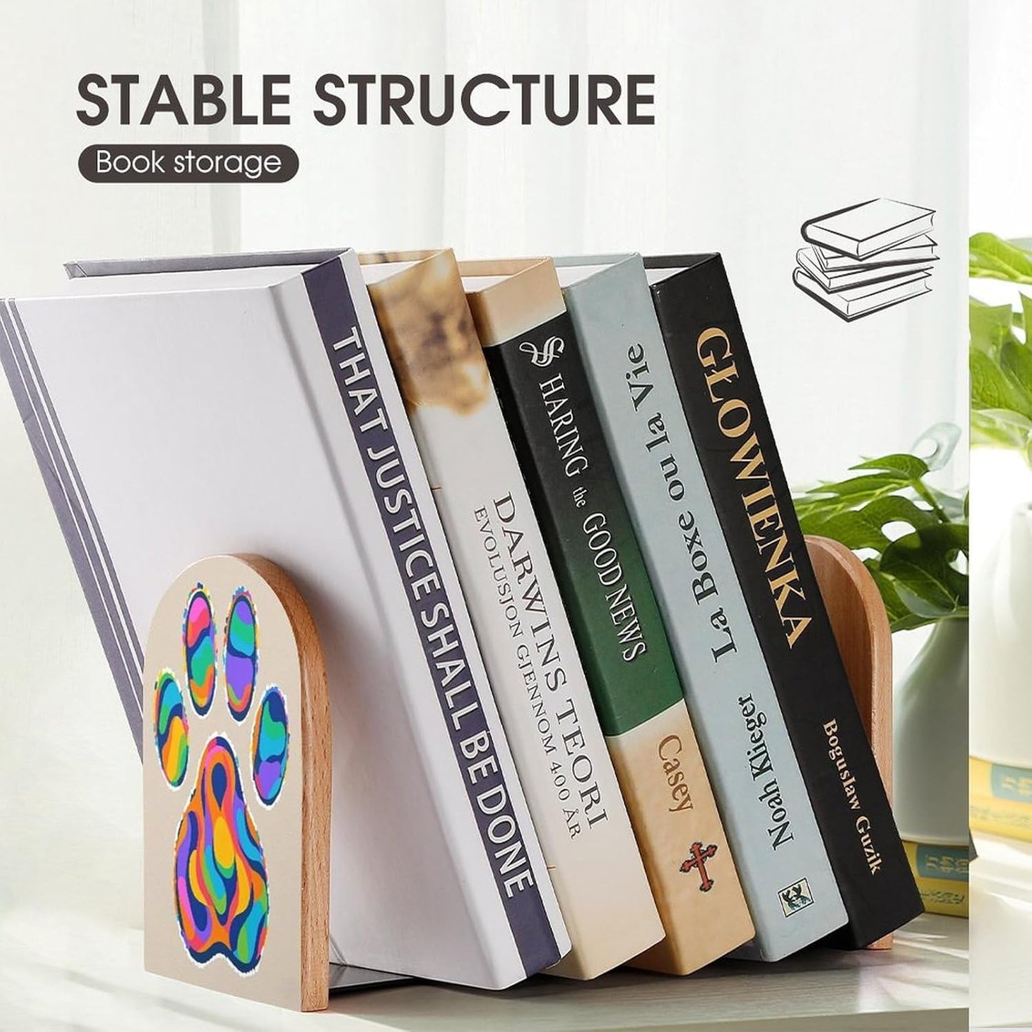 Colorful Dog Paw Print Bookends 1 Pair Heavy Duty Book Ends for Shelves Non-Skid Bookend Supports Wooden Book Holders with Metal Base Desk Organizers Books Storage to Hold Books