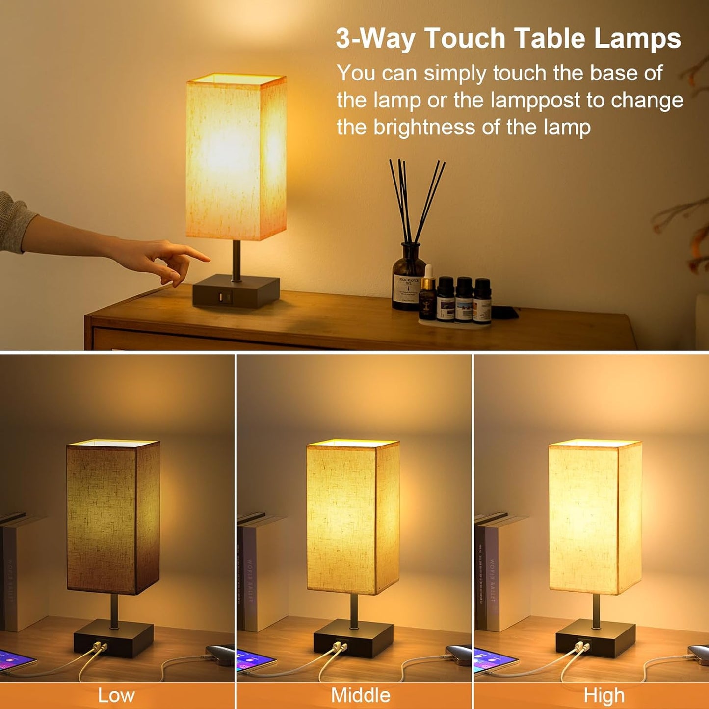 comzler Bedside Lamp, Touch Control Table Lamp for Bedroom, Small Nightstand Lamp with 3 Way Dimmable, USB-C + A Ports for Bedroom, Home Decor, Living Room, LED Bulbs Included, Upgraded Fabric Shade