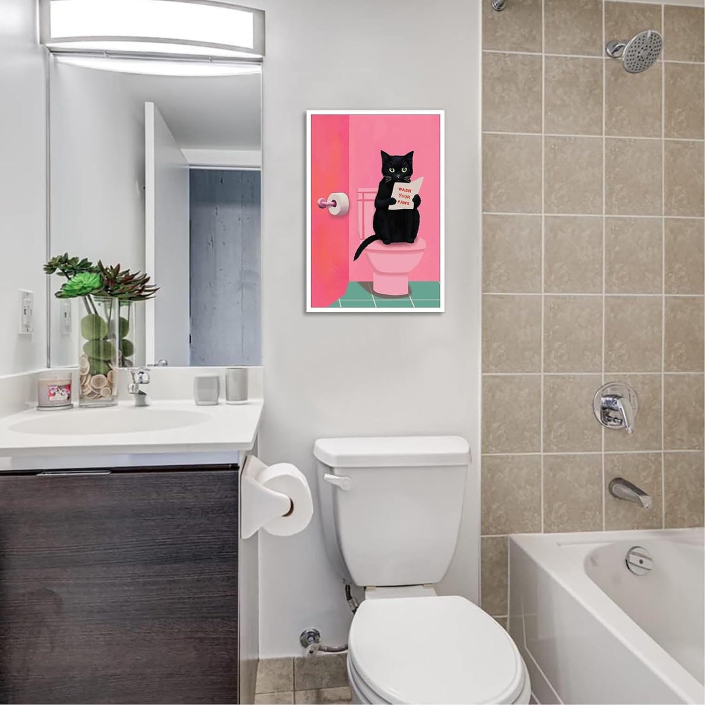 Funny Bathroom Wall Art Black Cat On Pink Toilet Reading The Newspaper Poster Cute Humorous Preppy Animal Aesthetic Prints Painting For Home Bedroom Bathroom Wall Decor 12x16in Unframed