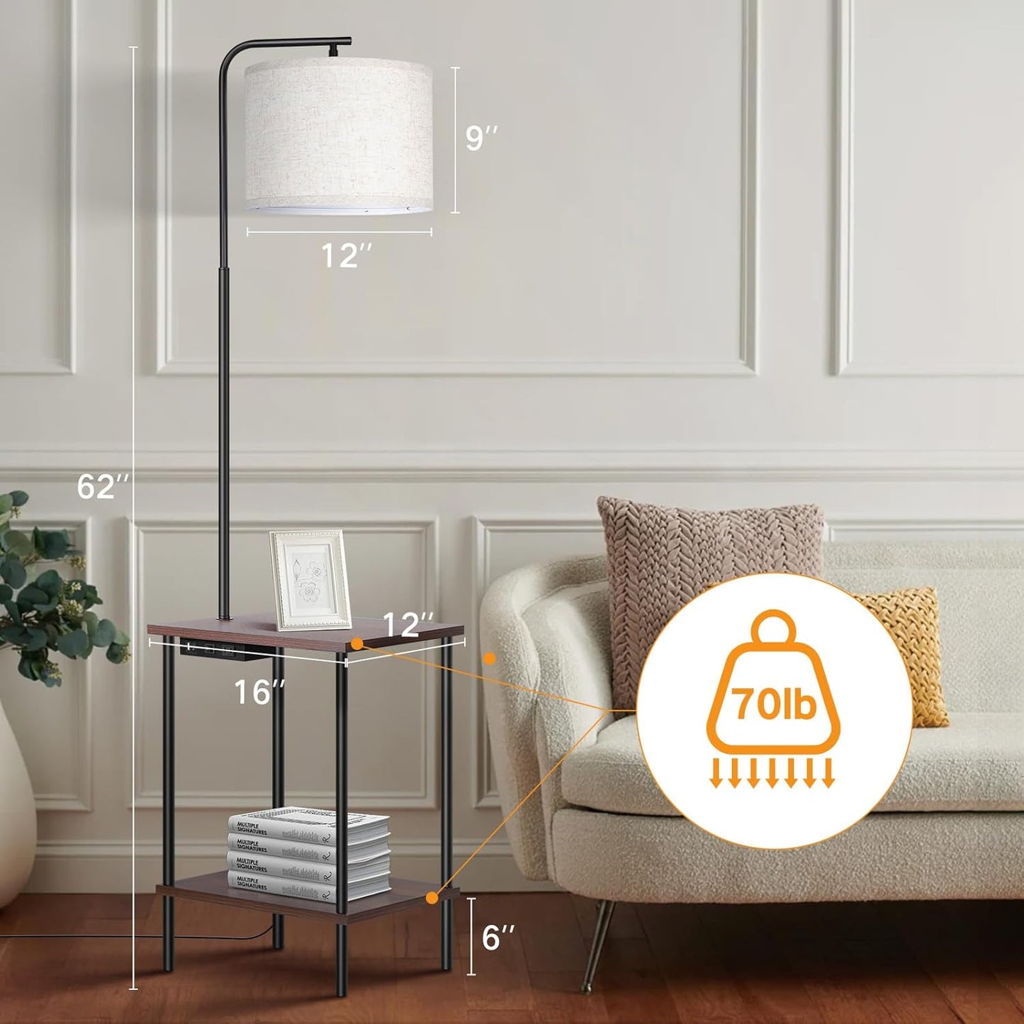 OUTON Floor Lamp with Table, End Table with Lamp Attached for Bedroom, Type C Charging Port, AC Outlet, Side Table with Lamp for Living Room, Nightstand with Remote Control, Dimmer & 4 Color