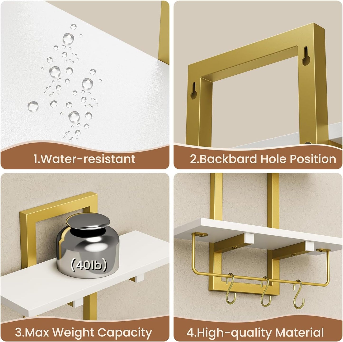 Floating Shelves, 15" Wall Shelf Set of 2, Hanging Bathroom Shelves 2-Tier, Wall Mounted Storage Shelves, for Living Room Bedroom Bathroom Kitchen Office Coffee Bar, White and Gold
